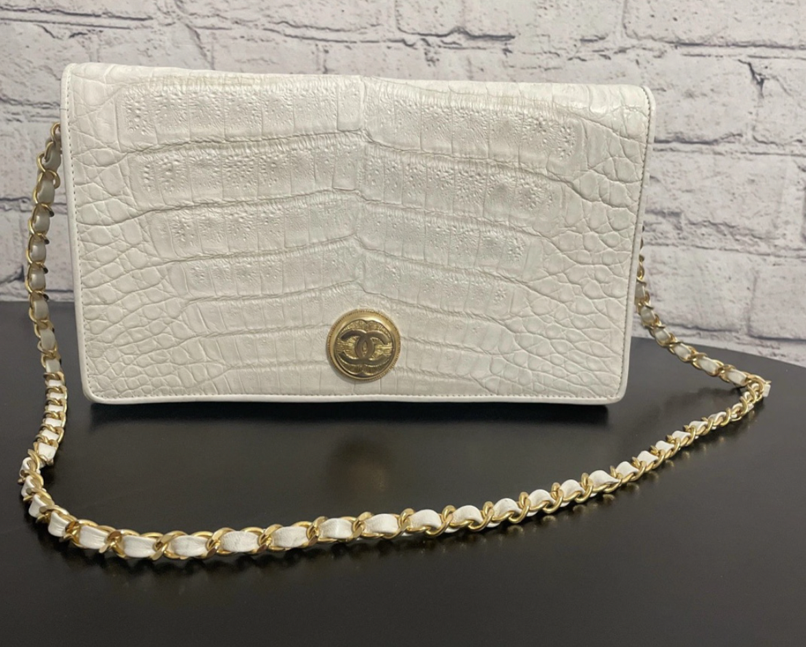 Chanel Croc Embossed White Flap Bag [80's]