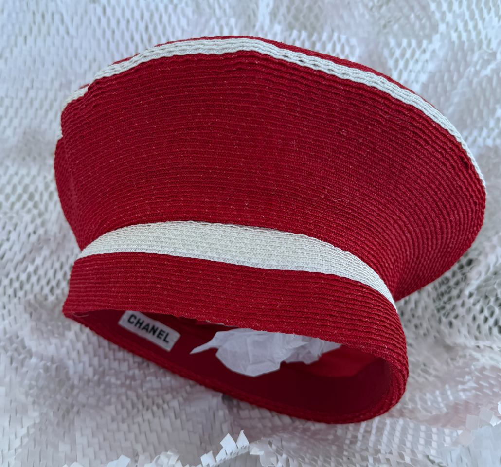 Chanel Red & White Raffia Beret Hat [80's]